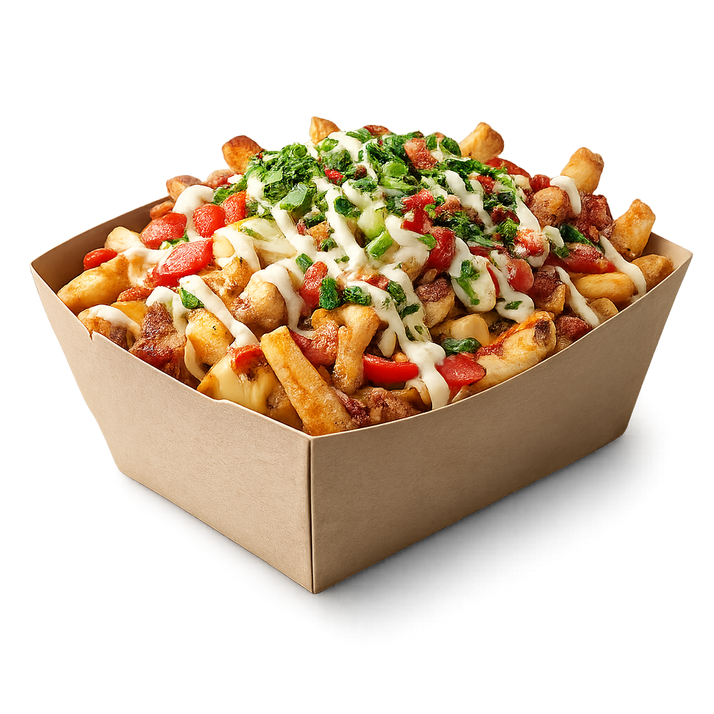 Loaded fries topped with sauce, vegetables, and savory meat.