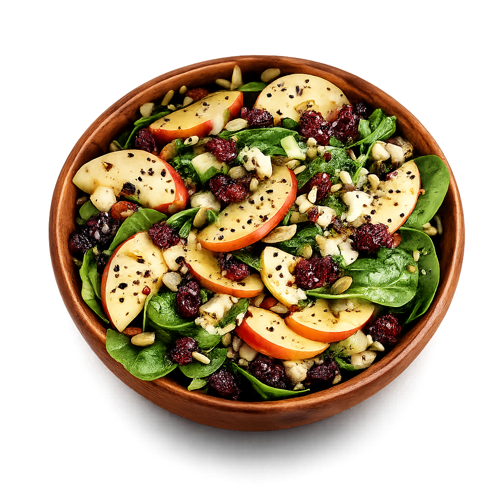 Fresh salad with apple slices, leafy greens, seeds, and dried cranberries.